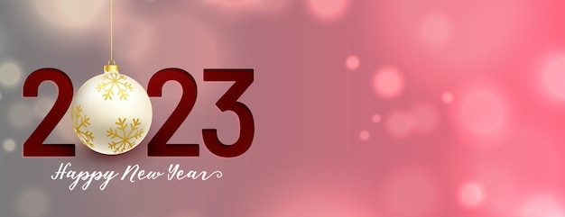 Vector gratuito elegante banner de año nuevo 2023 con adorno y efecto de luz bokeh