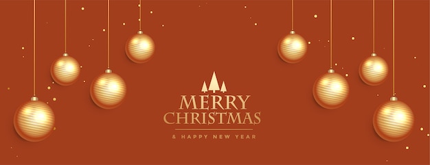 Vector gratuito elegante banner de feliz navidad con bolas colgantes