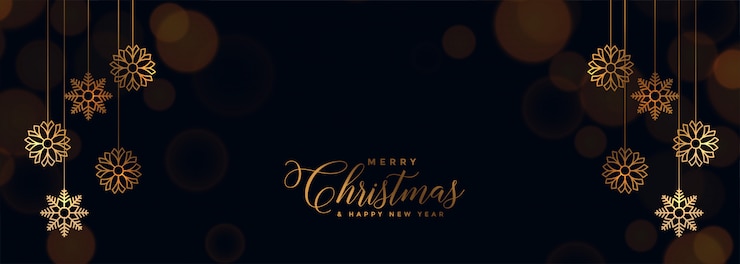 Vector gratuito elegante banner de navidad negro con copos de nieve dorados