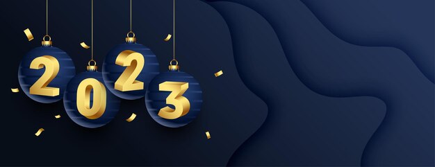 Elegante banner de nochevieja 2023 con bola de navidad