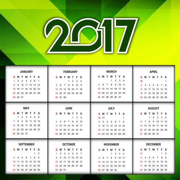 Vector gratuito elegante calendario de año nuevo 2017 en color verde