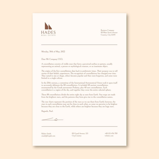 Elegante carta inmobiliaria hades
