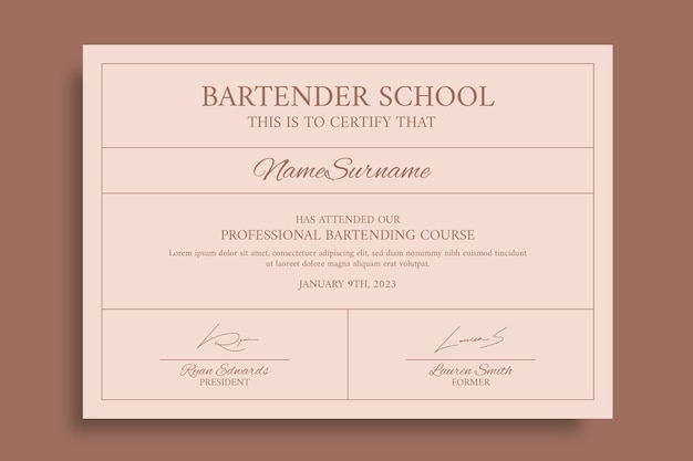 Elegante certificado escolar de cócteles bartender monocolor