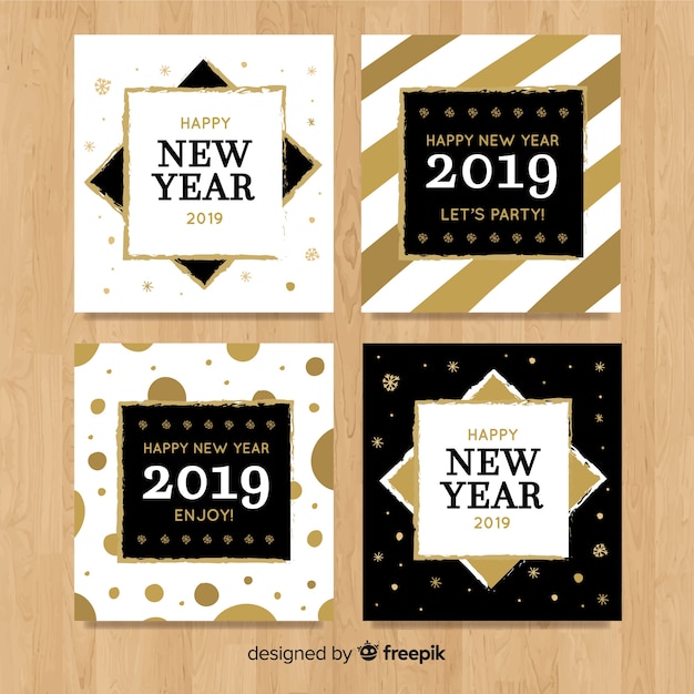 Vector gratuito elegante colección de tarjetas de año nuevo 2019 doradas