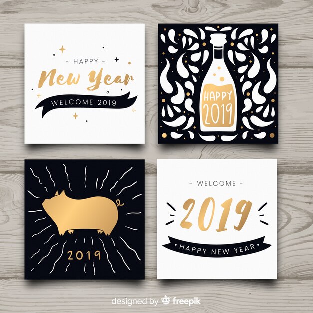 Vector gratuito elegante colección de tarjetas de año nuevo 2019 doradas