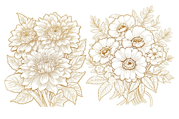 Vector gratuito elegante conjunto de decoración floral con dibujo de contorno