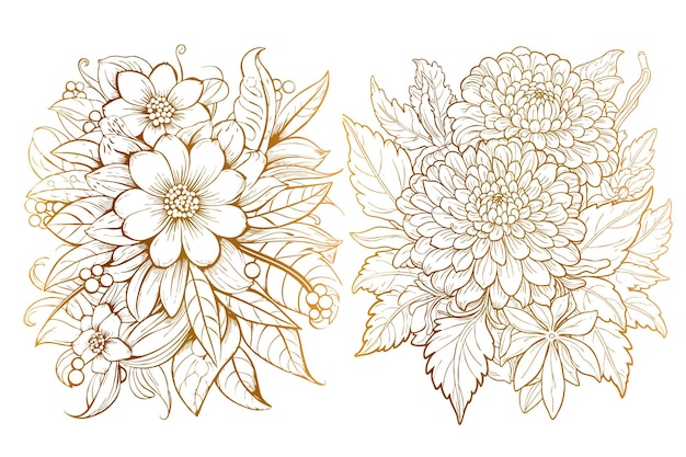 Elegante conjunto de decoración floral con dibujo de contorno