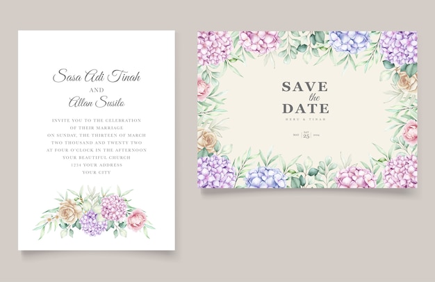 Vector gratuito elegante conjunto de tarjeta de invitación de boda floral hortensia acuarela