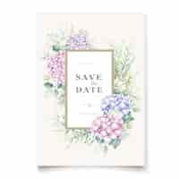 Vector gratuito elegante conjunto de tarjeta de invitación de boda floral hortensia acuarela