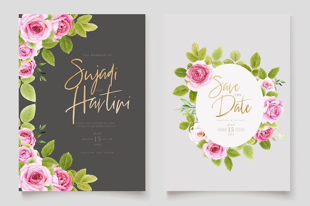 Vector gratuito elegante conjunto de tarjetas de boda de rosas de acuarela