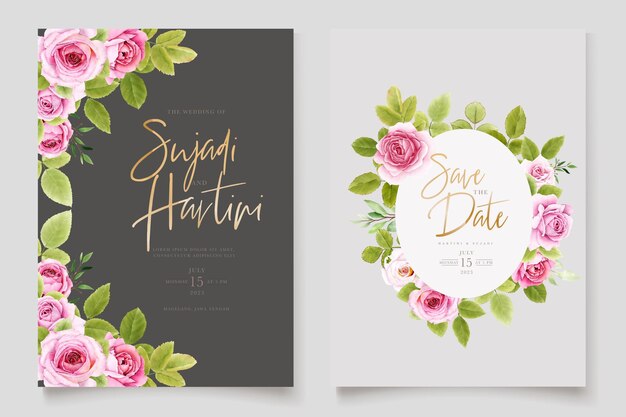 elegante conjunto de tarjetas de boda de rosas de acuarela