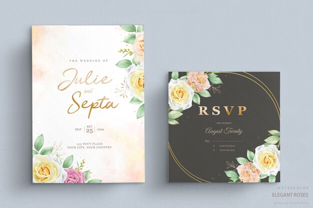elegante conjunto de tarjetas de invitación de boda floral acuarela