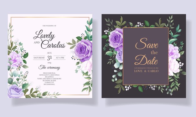 Elegante conjunto de tarjetas de invitación de boda con hermosas flores moradas