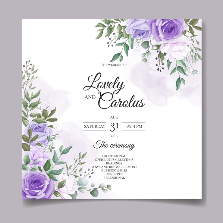 Elegante conjunto de tarjetas de invitación de boda con hermosas flores moradas