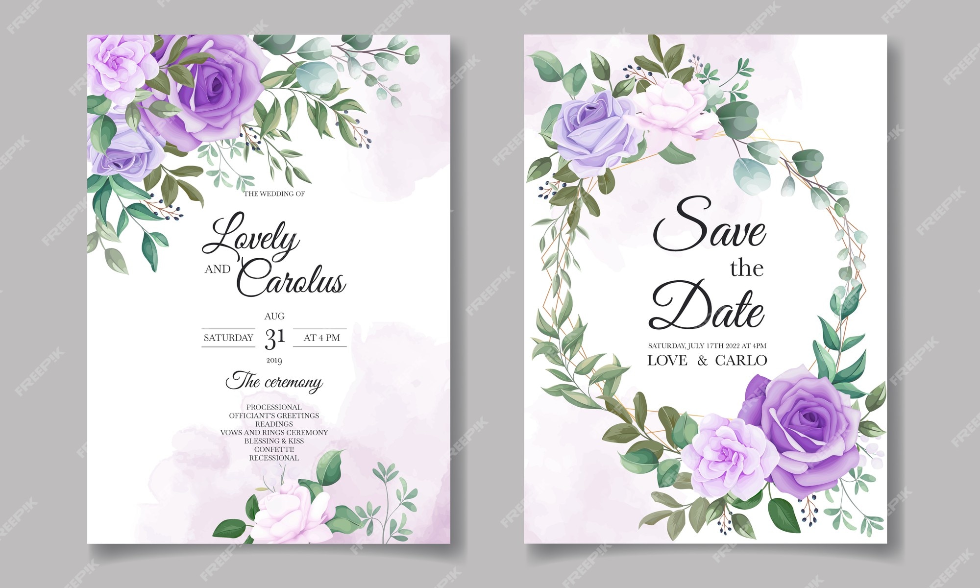 Elegante conjunto de tarjetas de invitación de boda con hermosas flores  moradas | Vector Gratis