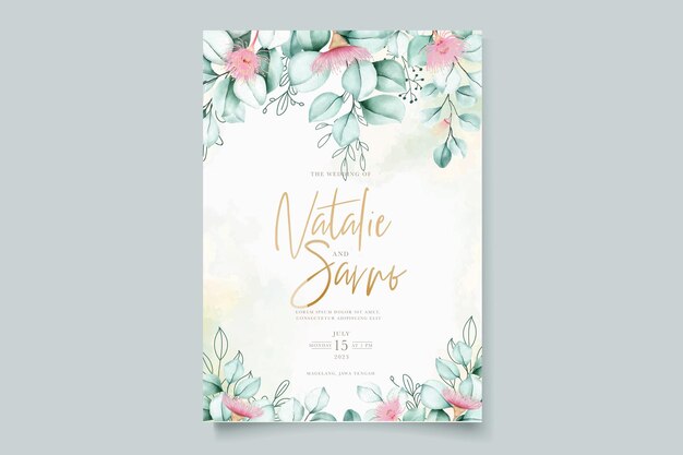 Elegante conjunto de tarjetas de invitación de boda con hojas de eucalipto