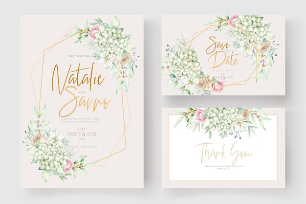 Vector gratuito elegante conjunto de tarjetas de invitación de peonías y hortensias
