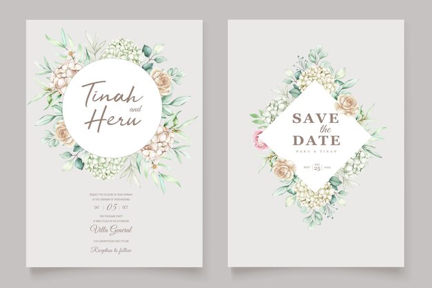 elegante conjunto de tarjetas de invitación de peonías y hortensias