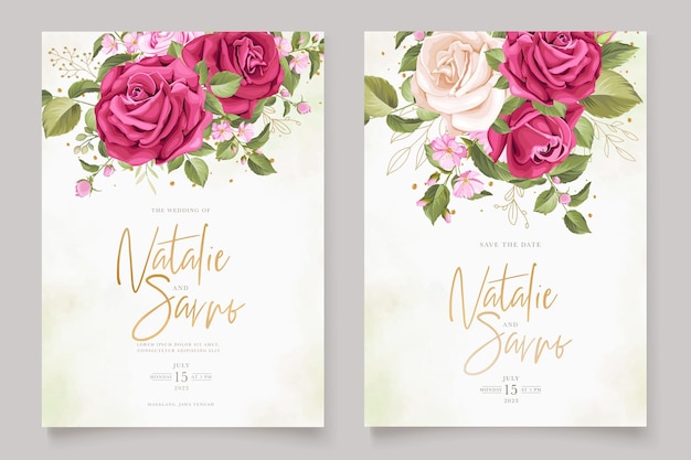 Elegante conjunto de tarjetas de invitación de rosas florales dibujadas a mano