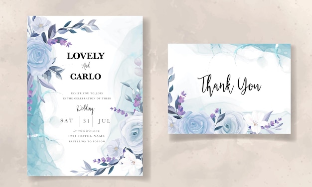 elegante dibujo a mano azul hielo tarjeta de invitación de boda floral