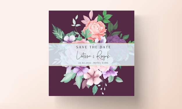 Elegante dibujo a mano flor y hojas plantilla de tarjeta de invitación