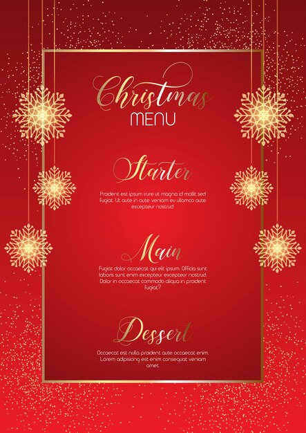Elegante diseño de menú navideño con copos de nieve brillantes.