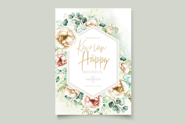 Elegante diseño de tarjeta de boda de peonías dibujadas a mano.