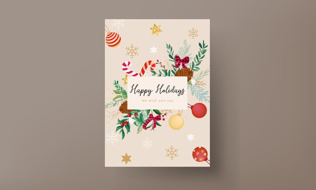 Elegante diseño de tarjeta navideña con adornos navideños y hermosas hojas.