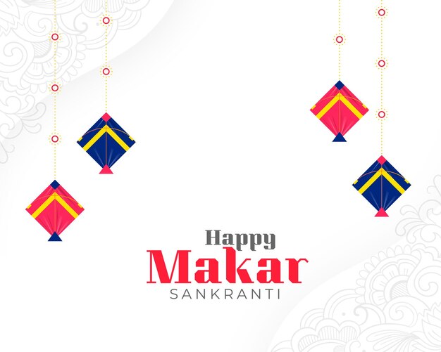 elegante feliz Makar Sankranti tarjeta de evento con cometas colgantes