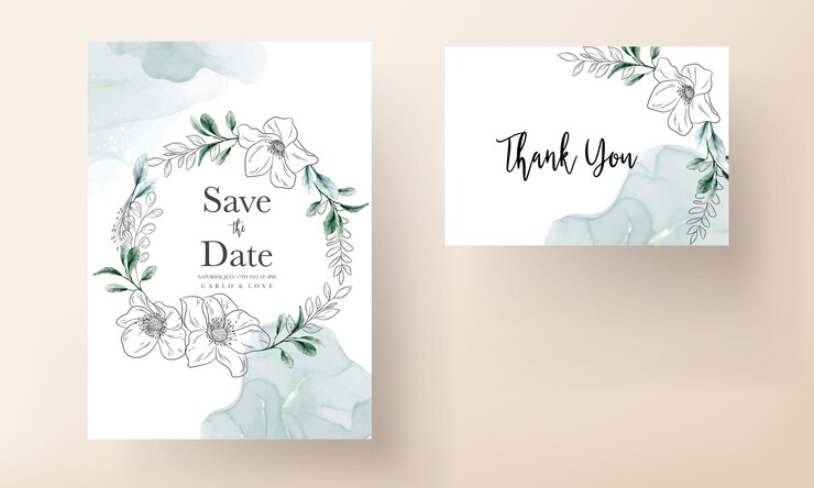 elegante flor mínima con plantilla de tarjeta de boda de acuarela