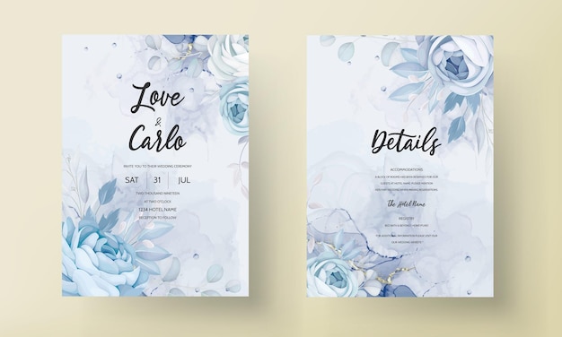 Elegante flor de peonía azul y hojas de diseño de tarjeta de invitación de boda