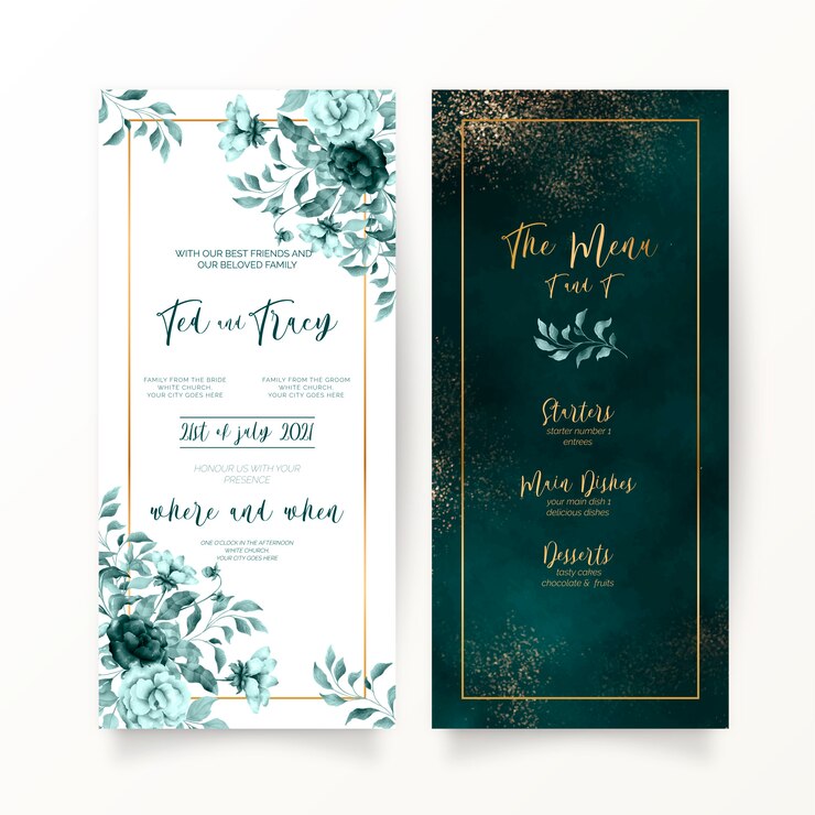 Vector gratuito elegante floral verde y acuarela de la papelería de la boda