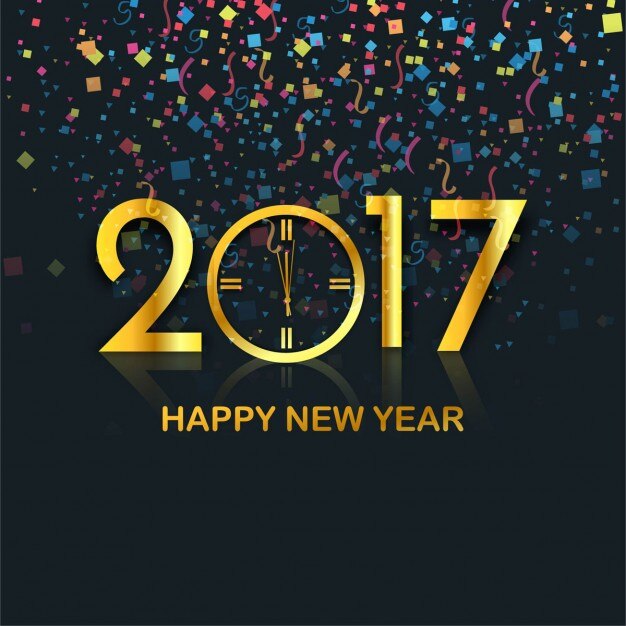 Elegante fondo de año nuevo con confeti colorido y 2017 dorado