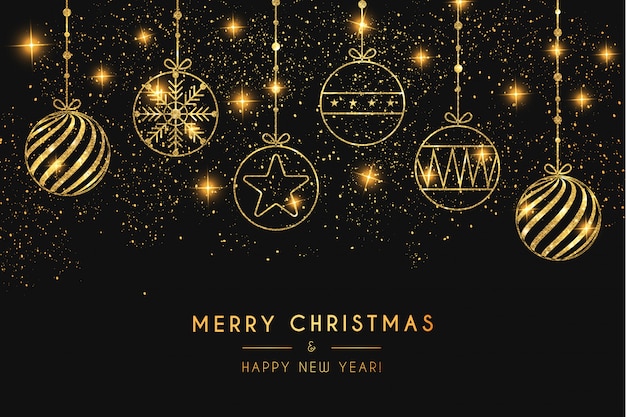 Elegante fondo de feliz Navidad con bolas de oro
