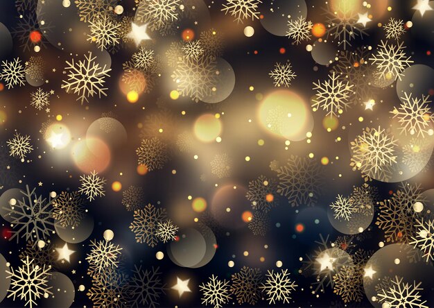 Elegante fondo navideño con copos de nieve y diseño de luces bokeh
