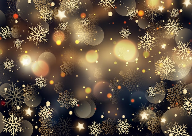 Elegante fondo navideño con copos de nieve y diseño de luces bokeh