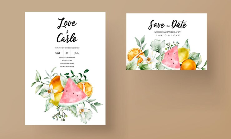 Elegante invitación de boda en acuarela con frutas