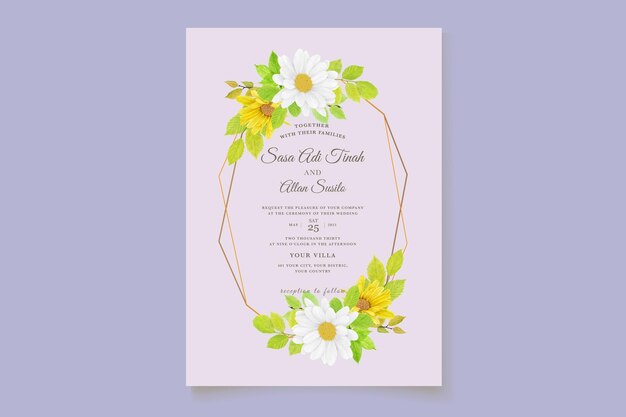 Elegante invitación floral de boda con margaritas y girasoles