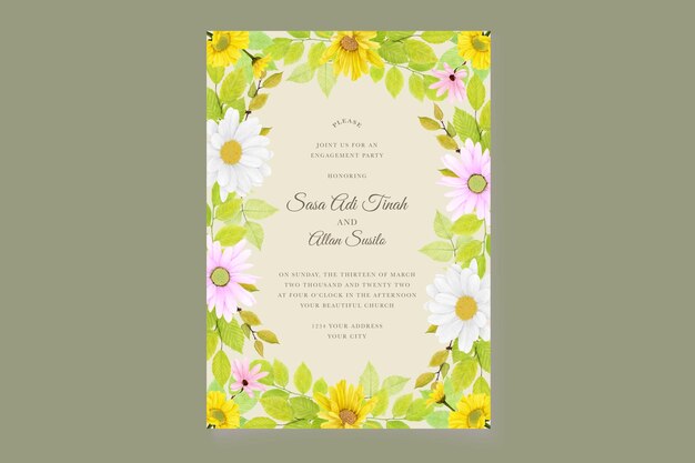 Elegante invitación floral para la fiesta de compromiso con margaritas y girasoles