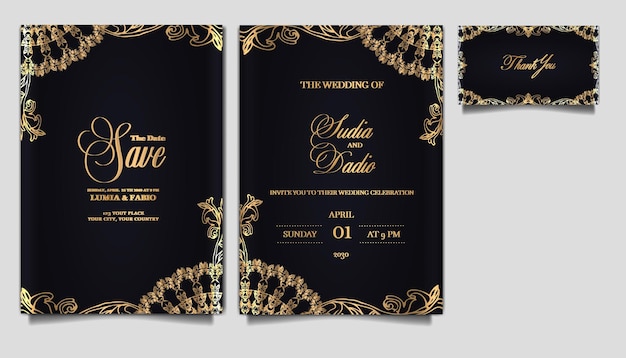 Vector gratuito elegante juego de tarjetas de invitación de boda