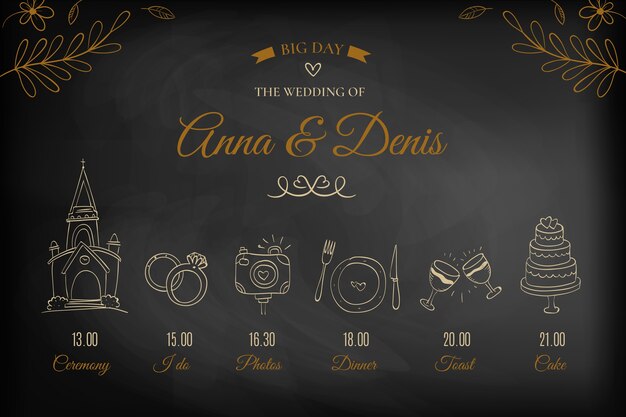 Elegante línea de tiempo de boda dibujada a mano