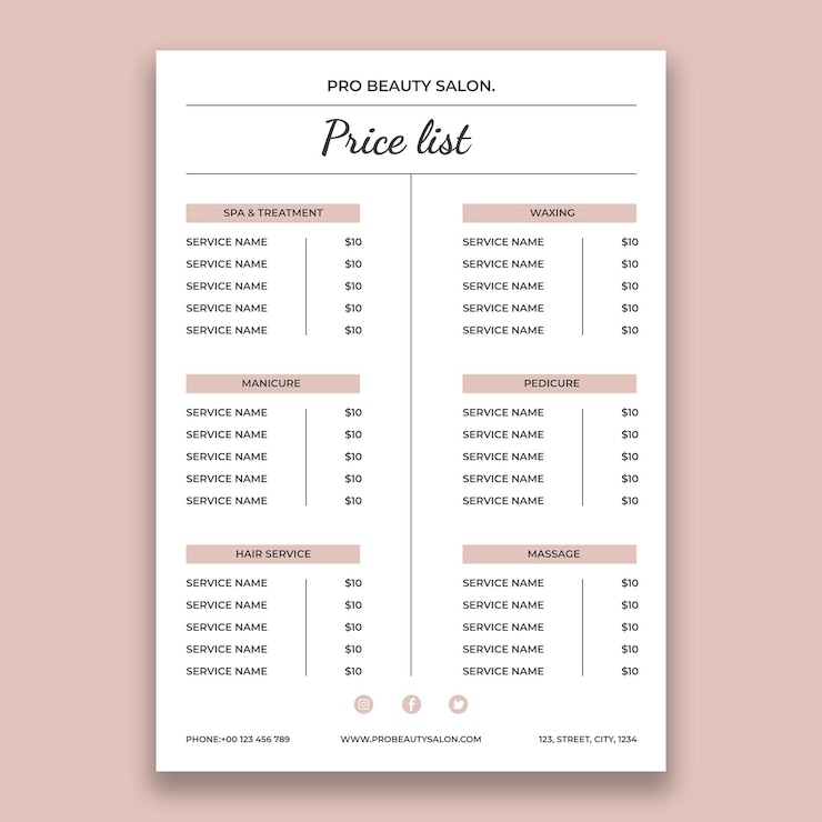 Vector gratuito elegante lista de precios de salón de belleza profesional