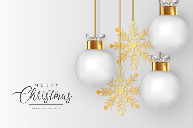 Elegante marco de Navidad con fondo de bolas de Navidad blancas realistas