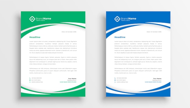 Elegante membrete de empresa comercial en color verde y azul.