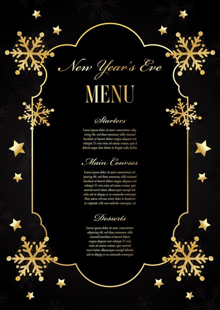 Elegante menú de Nochevieja con diseño de copos de nieve relucientes