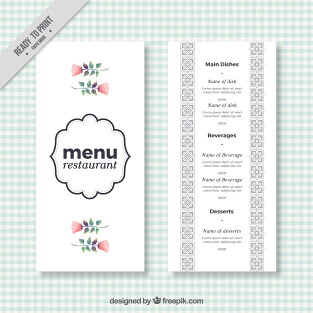 Elegante menú de restaurante con flores en acuarela