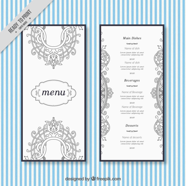 Vector gratuito elegante menú de restaurante con ornamentos