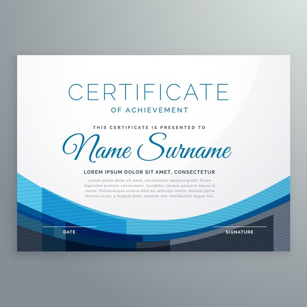 elegante ondulado azul certificado de logro vector de diseño