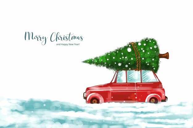 Elegante paisaje invernal con coche en el fondo del árbol de navidad nevado