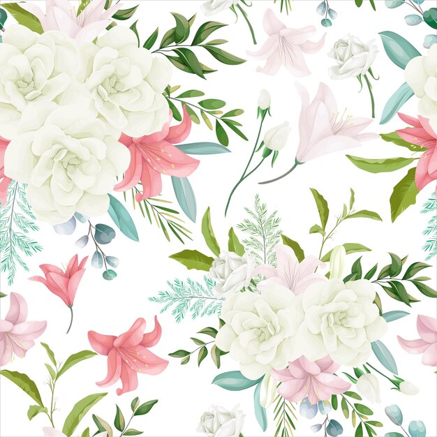 Elegante patrón floral sin fisuras con hermosas flores y hojas de dibujo a mano